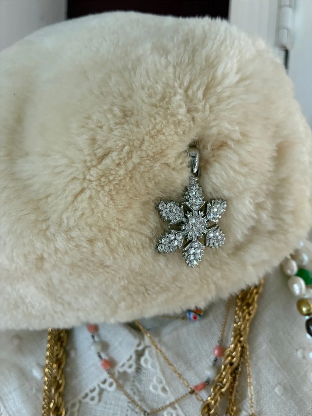 Cream Mouton Lamb Beret with Snowflake Crystal Brooch